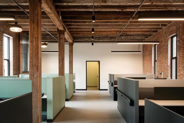 Adapted commercial interior combining retained architectural features with new accessible circulation and finished work areas